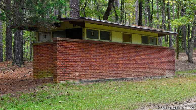 Dilapidated restroom building at Jeff Busby Park Picnic Area, Mile 193.1 on the Natchez Trace Parkway