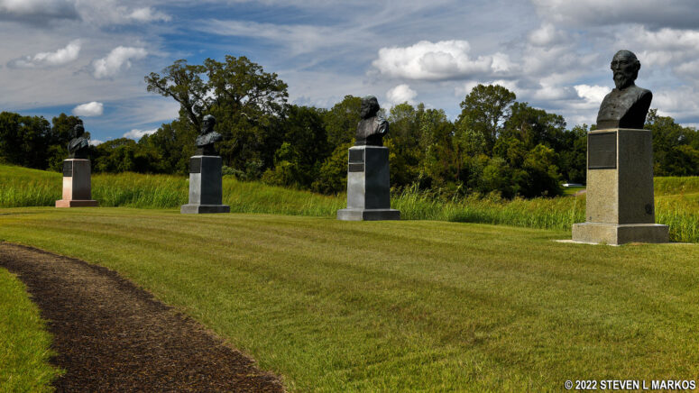 Busts of Union and Confederate generals near the Kentucky State Memorial at Vicksburg