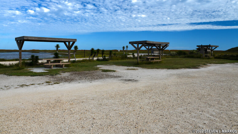 Picnic tables at the Bird Island Basin Day Use Area, Padre Island National Seashore