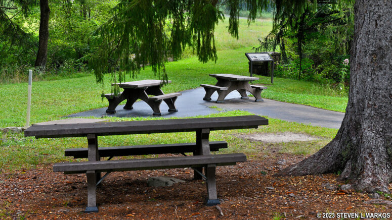 Picnic tables behind the Fort Necessity National Battlefield Visitor Center