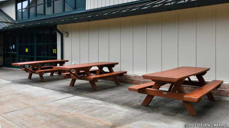 Picnic tables at the back of the Fort Necessity National Battlefield Visitor Center