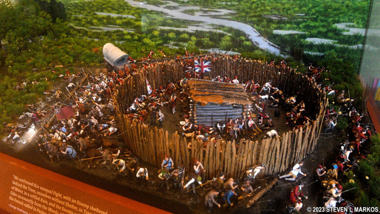 Model depicts the July 3, 1754, battle at Fort Necessity