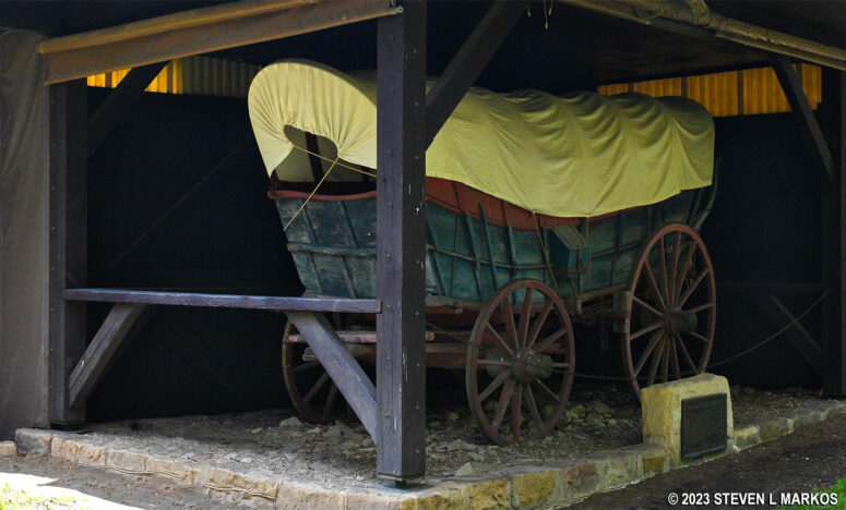 Conestoga wagon on display outside the Mount Washington Tavern at Fort Necessity National Battlefield