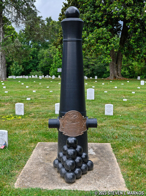 Upright cannon provides information about Poplar Grove National Cemetery