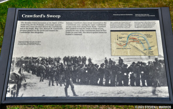 Wayside exhibit at the Crawford's Sweep stop on the Five Forks Battlefield tour at Petersburg National Battlefield