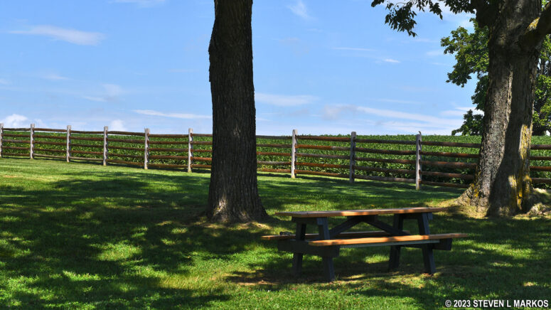 Shaded picnic table at the Mumma Farm, Antietam National Battlefield