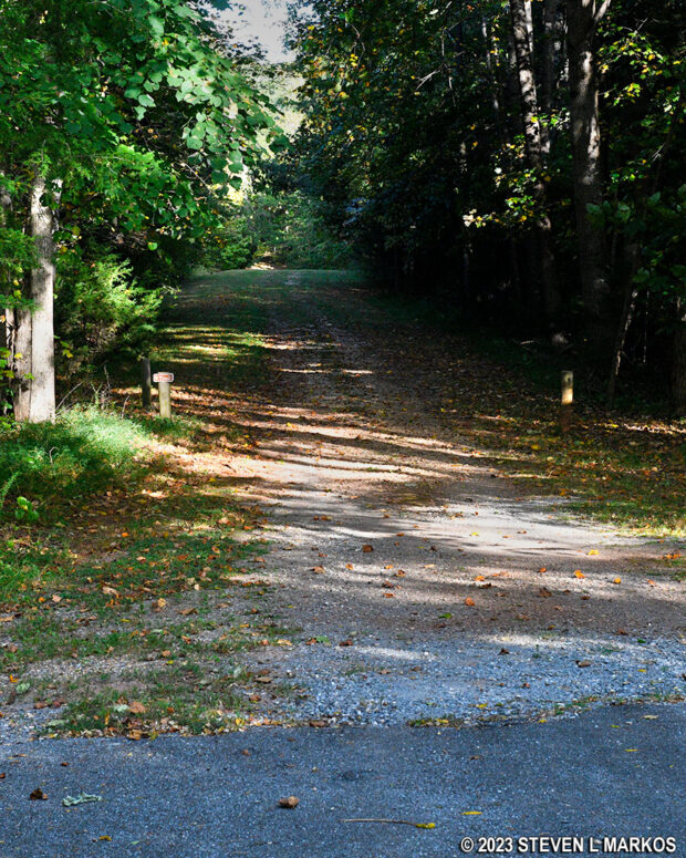 Tibbs Trail continues as a gravel road at the end of Gordon Drive, Appomattox Court House National Historical Park