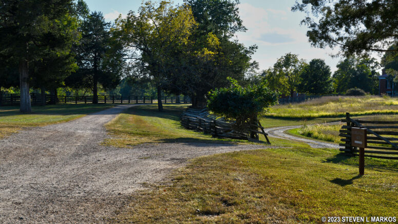 Stage Road Trail (left) and the road to the Clover Hill Tavern Kitchen at Appomattox Court House National Historical Park