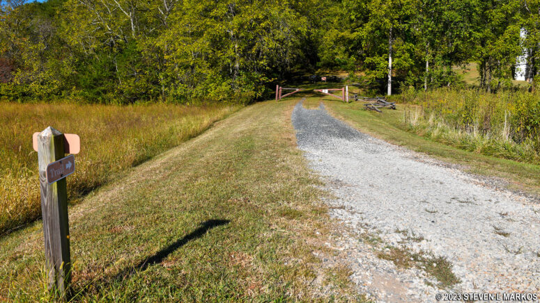 Sweeney Trail at the intersection with a gravel service road, Appomattox Court House National Historical Park