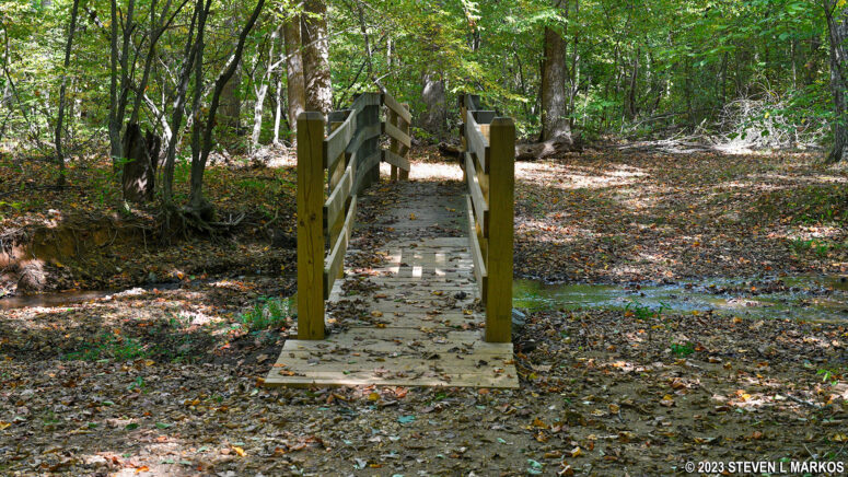 Southside Connector Trail turns east and crosses Plain Run at its southern end, Appomattox Court House National Historical Park