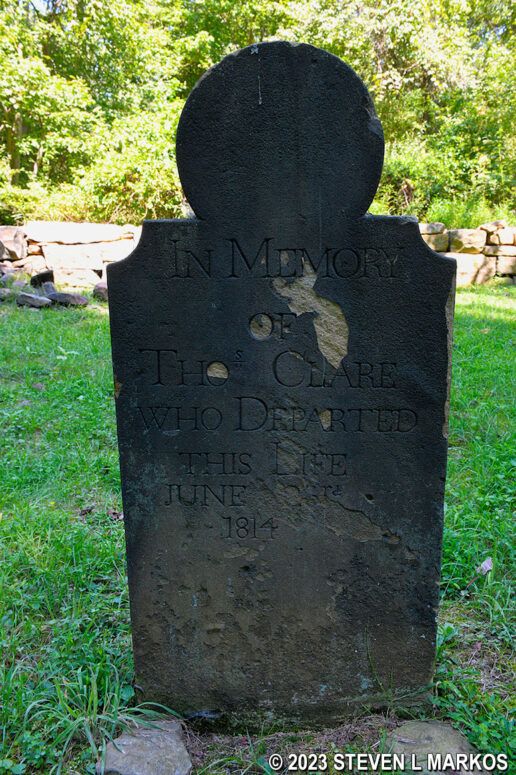 Tombstone for Thomas Clare in the Clare Cemetery at Friendship Hill National Historic Site