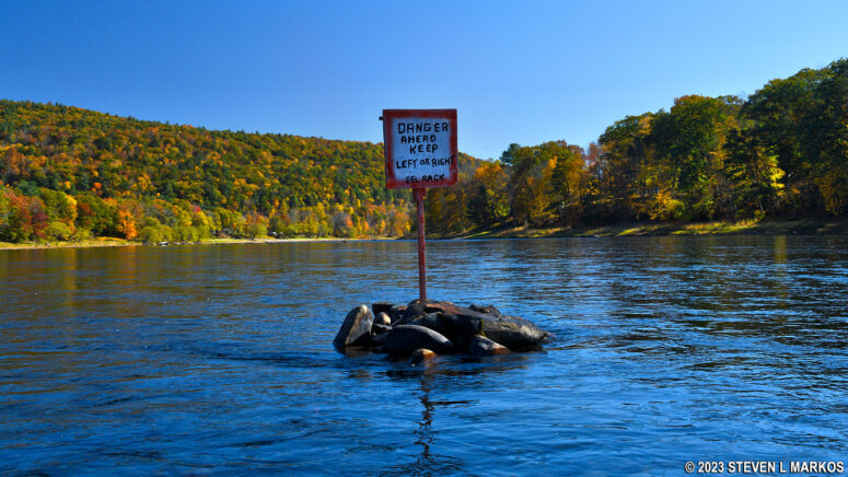 Warning sign for an eel weir on the Upper Delaware Scenic and Recreational River