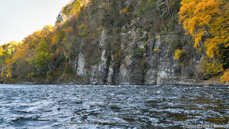Rapids and cliffs on the Delaware River just downstream from the Sparrowbush Boat Ramp