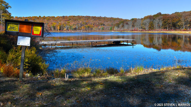 Dirt road portion of the Cobey Pond Trail ends at the pond