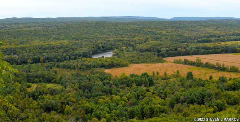 View of the Delaware River and agricultural fields from the Riverview Overlook on the Cliff Trail in Delaware Water Gap National Recreation Area