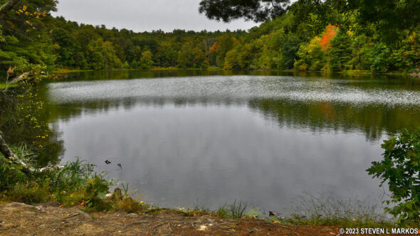 The Pond Loop Trail circles a pond near the Cliff Park Golf Course at the northern end of Delaware Water Gap National Recreation Area