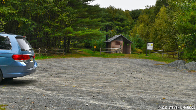 Buchanan Trail in the Cliff Park section of Delaware Water Gap National Recreation Area starts on the left side of the restroom building