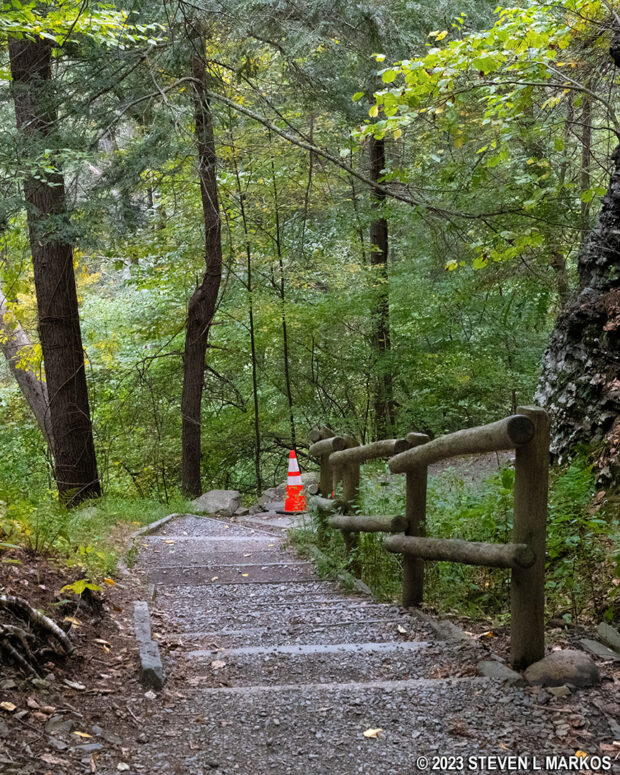 Stairs lead down to the waterfalls on the Raymondskill Falls Trail in Delaware Water Gap National Recreation Area