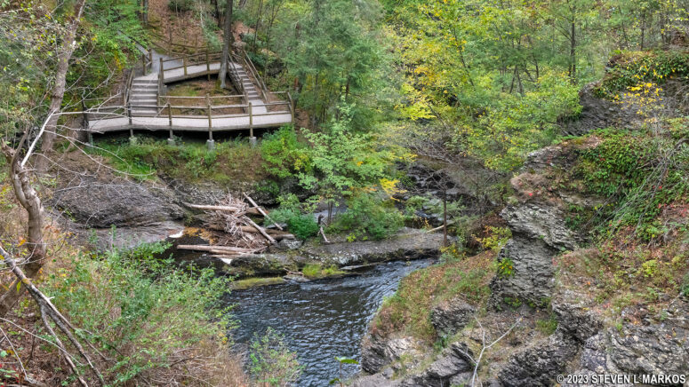 View of the middle waterfall observation deck on the Raymondskill Falls Trail in Delaware Water Gap National Recreation Area
