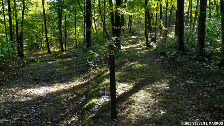 Fork in the trail when hiking east from Conashaugh Road to the Zimmermann Farm on the Conashaugh View Trail in Delaware Water Gap National Recreation Area
