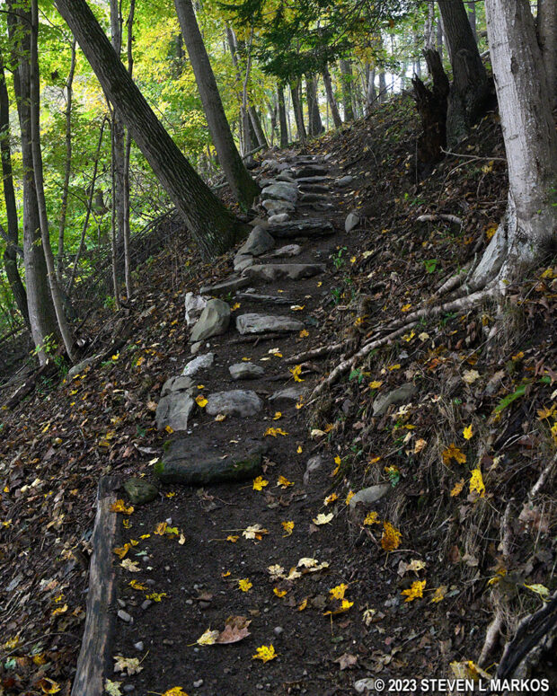 Stone staircase up a steep hill on the hikers-only section of the McDade Trail south of Pittman Orchard, Delaware Water Gap National Recreation Area