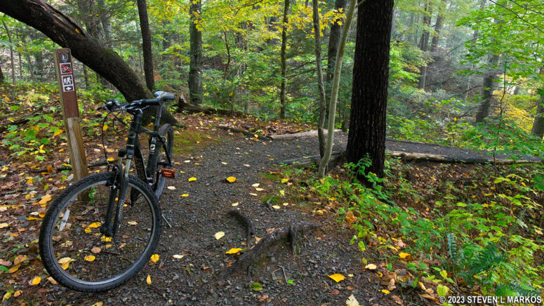 End of the hikers-only section of the McDade Trail just north of the Conashaugh parking area on Federal Road in Delaware Water Gap National Recreation Area