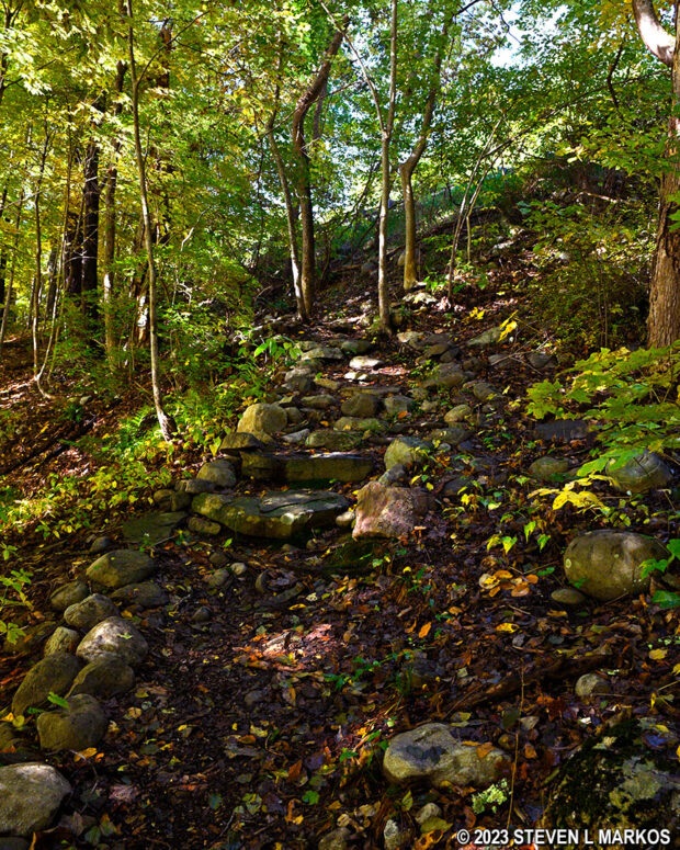 Stone staircase helps hikers scale a steep hill on the hikers-only section of the McDade Trail between Conashaugh and White Pines, Delaware Water Gap National Recreation Area
