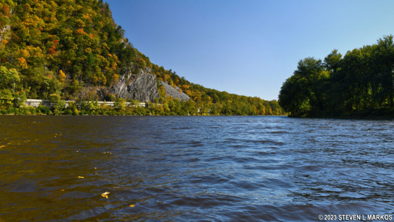 The Delaware River passes through a gap in the mountains just downriver from the Kittatinny Point Boat Ramp in Delaware Water Gap National Recreation Area