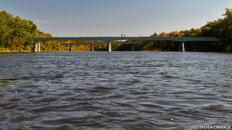 Approaching the Portland-Columbia Pedestrian Bridge (front) and the Portland-Columbia Toll Bridge (rear) while paddling on the Delaware River