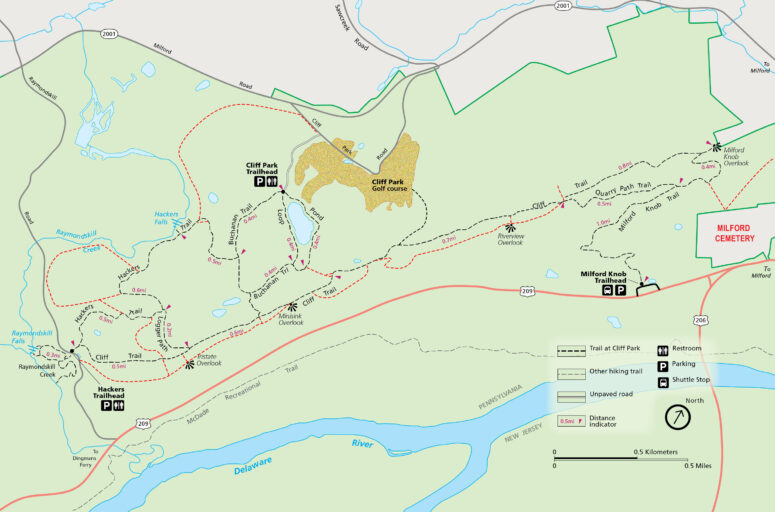 Corrected trail map for the Cliff Park Area trails at Delaware Water Gap National Recreation Area (click to enlarge)