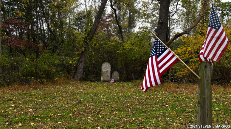 Post on the Military Road Trail marking the Hull tombstones and ruins of an old farmhouse in Delaware Water Gap National Recreation Area
