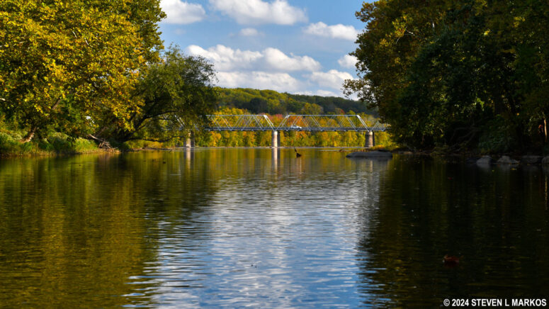 View of the Washington Crossing Bridge from the canoe launch at Washington Crossing Historic Park on the Lower Delaware River