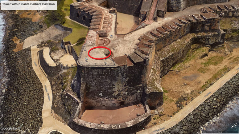 Approximate location of the 1539 Tower within the Santa Barbara Bastion of Castillo San Felipe del Morro