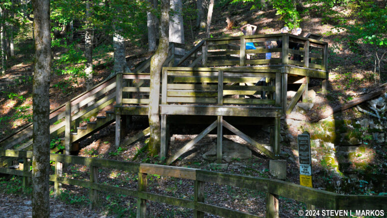 Staircase up to an observation deck with a view of the Dixon Cave entrance, Mammoth Cave National Park