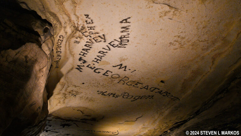 Graffiti-covered ceiling of Gothic Avenue inside Mammoth Cave