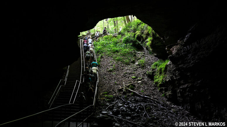 Visitors to Mammoth Cave exit via the Historic Entrance