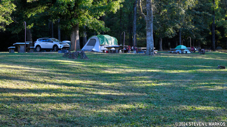 Sloped grassy area in from of the riverside campsites at Houchin Ferry Campground in Mammoth Cave National Park