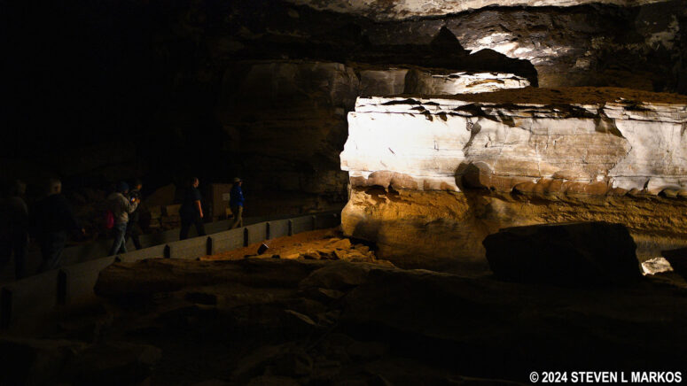 Passage to the left of the Giant’s Coffin leads to a narrow section of Mammoth Cave