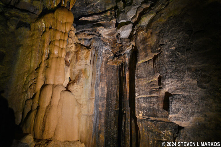 Flowstone formations and the Ruins of Karnak inside the Mammoth Done at Mammoth Cave National Park