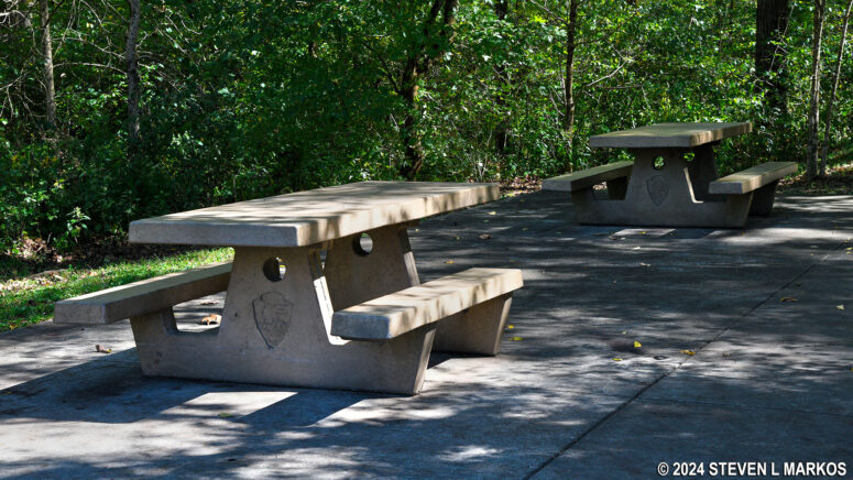 Picnic tables at the start of the Echo River Spring Trail in Mammoth Cave National Park