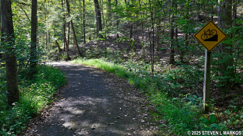 Sign warns bikers of a steep hill on the Roosevelt Farm Lane at Home of Franklin D. Roosevelt National Historic Site
