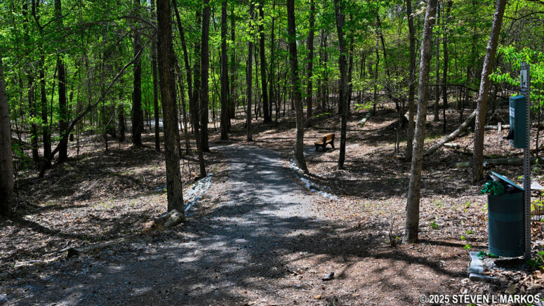 A gravel path forks off to the left of the Pigeon Hill Cutoff and leads down to Burnt Hickory Road, Kennesaw Mountain National Battlefield Park