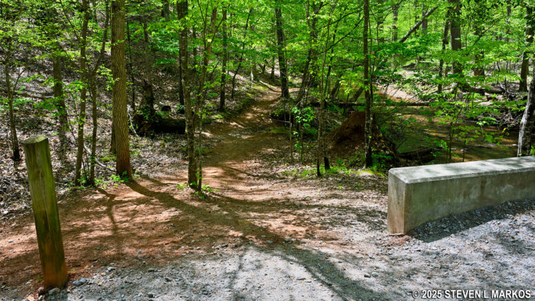 Start of the Hardage Mill Trail South at the southern end of the Noses Creek Bridge, Kennesaw Mountain National Battlefield Park