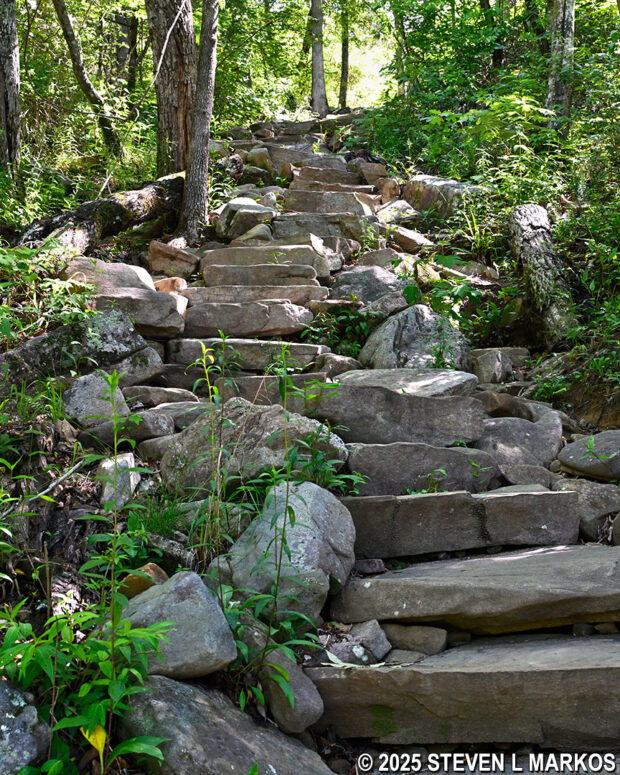 Stone staircase at the end of the Little Falls Trail leads to the Little River, Little River Canyon National Preserve
