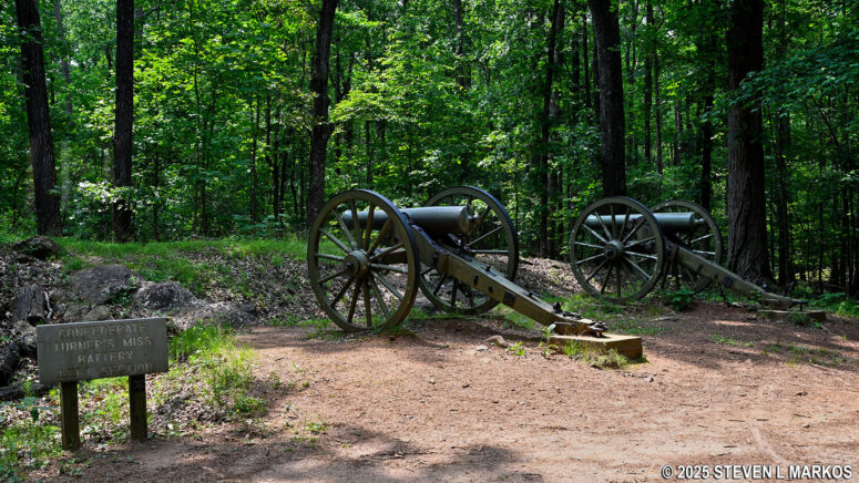 Earthworks and cannon at the left flank of William B. Turner's Mississippi Light Artillery Battery along the Cease Fire Trail in Kennesaw Mountain National Battlefield Park