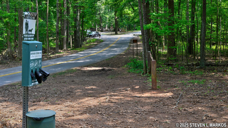 View towards the Illinois Monument parking lot from the Turner's Battery earthwork exhibit along the Cease Fire Trail in Kennesaw Mountain National Battlefield Park