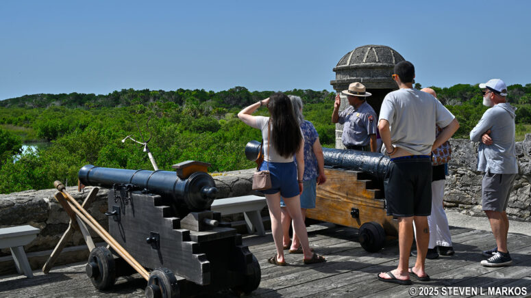 Ranger talks with visitors on the gun deck of Fort Matanzas, Fort Matanzas National Monument