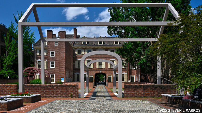Ghost structure marks the former location of Benjamin Franklin's printing shop at Franklin's Court courtyard, Independence National Historical Park