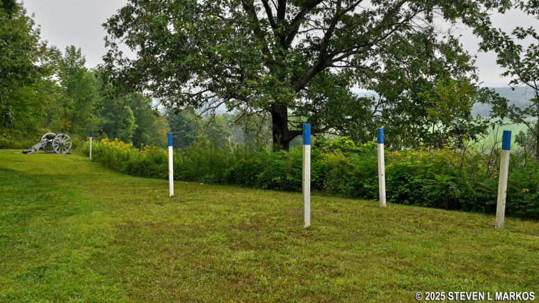 Grass path leads to a cannon exhibit at the Bemus Heights stop on the Saratoga Battlefield Tour, Saratoga National Historical Park