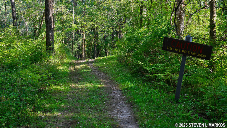 Start of a steep hill just before Stop I on the Wilkinson Trail in Saratoga National Historical Park